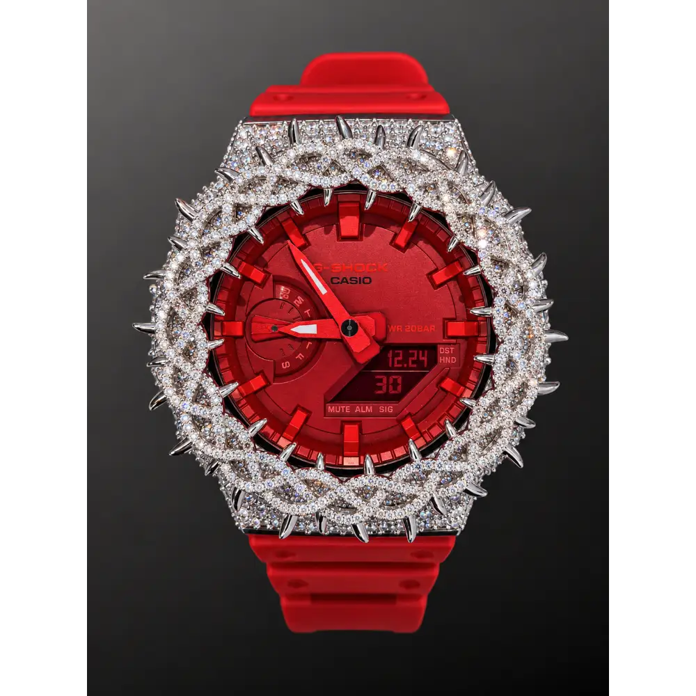 Moissanite Iced-Out Casio G Shock GA-2100 – 925 Full Silver Bezel Thorn Red – Custom Luxury Watch | Hip Hop Style | Diamond Tester Pass