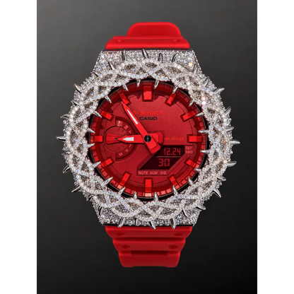 Moissanite Iced-Out Casio G Shock GA-2100 – 925 Full Silver Bezel Thorn Red – Custom Luxury Watch | Hip Hop Style | Diamond Tester Pass