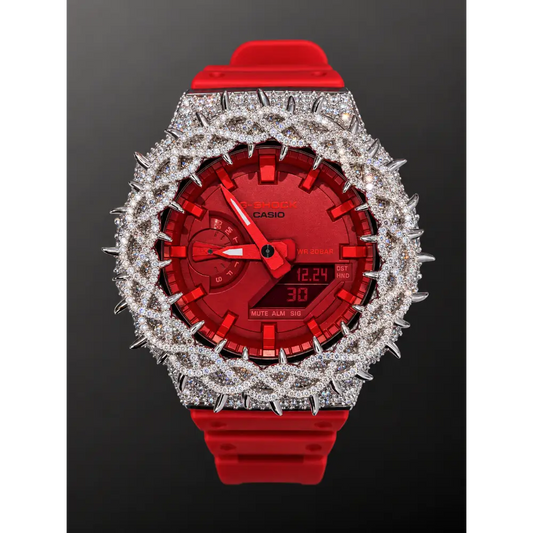 Moissanite Iced-Out Casio G Shock GA-2100 – 925 Full Silver Bezel Thorn Red – Custom Luxury Watch | Hip Hop Style | Diamond Tester Pass