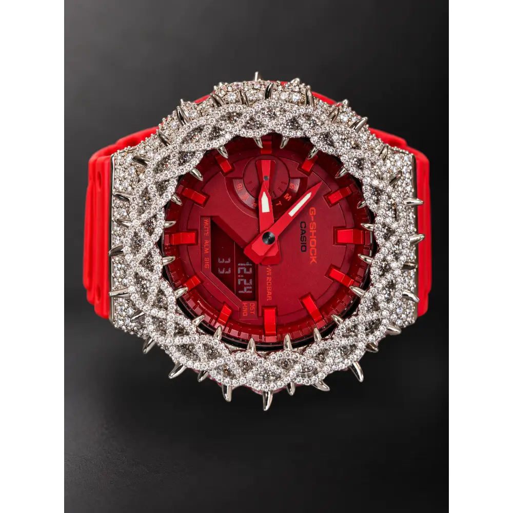 Moissanite Iced-Out Casio G Shock GA-2100 – 925 Full Silver Bezel Thorn Red – Custom Luxury Watch | Hip Hop Style | Diamond Tester Pass