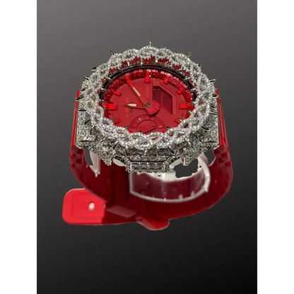 Moissanite Iced-Out Casio G Shock GA-2100 – 925 Full Silver Bezel Thorn Red – Custom Luxury Watch | Hip Hop Style | Diamond Tester Pass