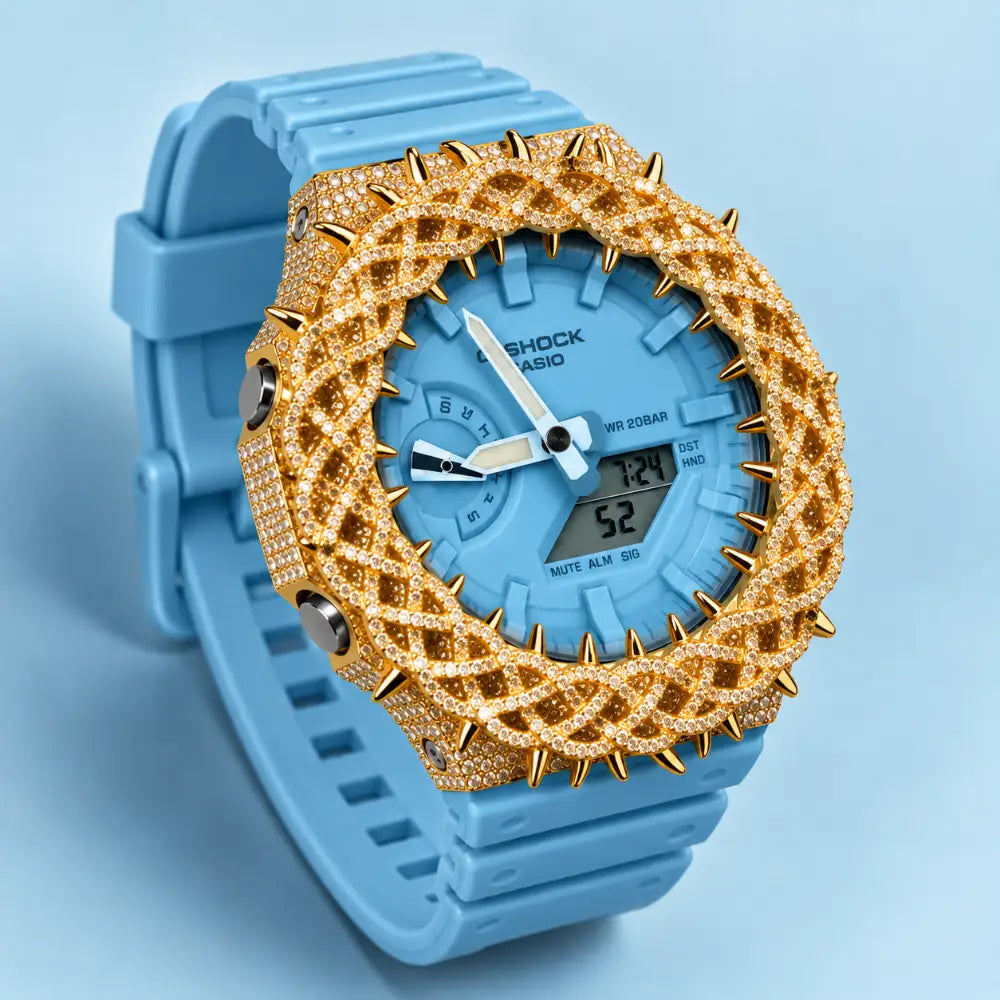 Montre CasiOak Custom Hip Hop – Moissanite 925 Gold Iced Thorn Blue - Mod G-Shock GA2100