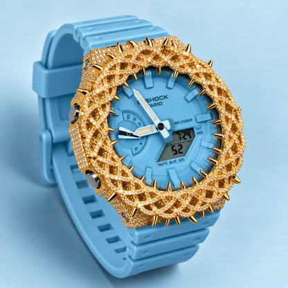 Montre CasiOak Custom Hip Hop – Moissanite 925 Gold Iced Thorn Blue - Mod G-Shock GA2100
