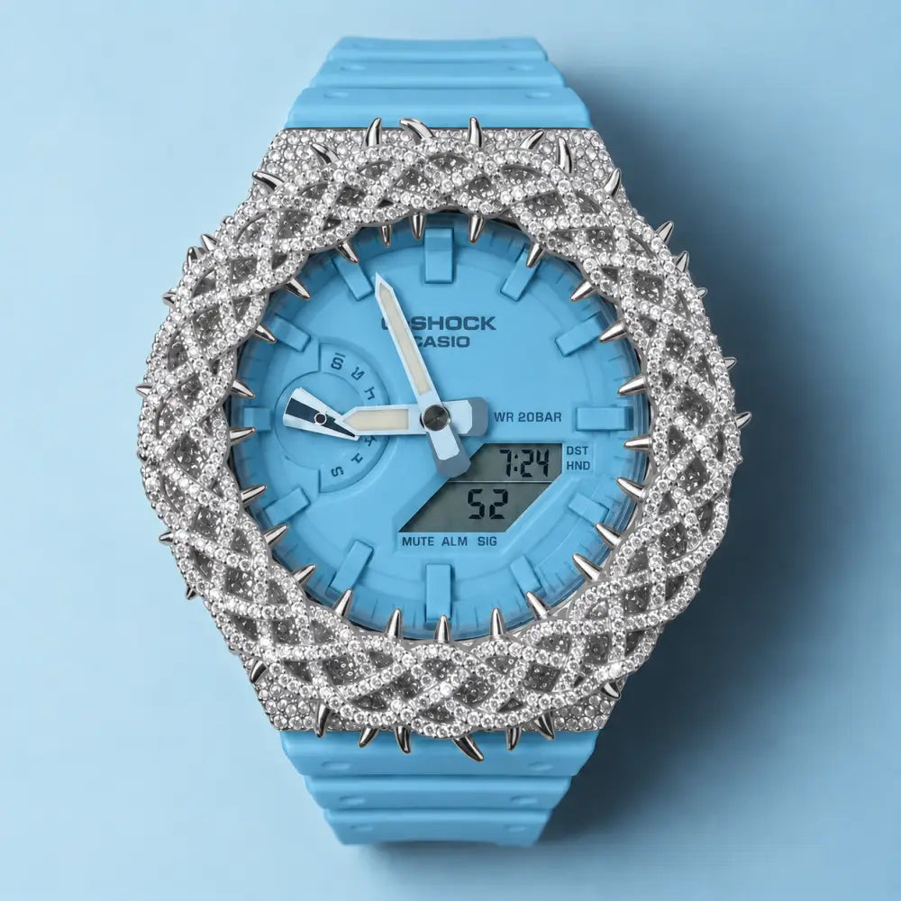 Montre CasiOak Custom Hip Hop – Moissanite 925 Full Silver Iced Thorn Blue - Mod G-Shock GA2100