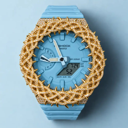 Montre CasiOak Custom Hip Hop – Moissanite 925 Gold Iced Thorn Blue - Mod G-Shock GA2100