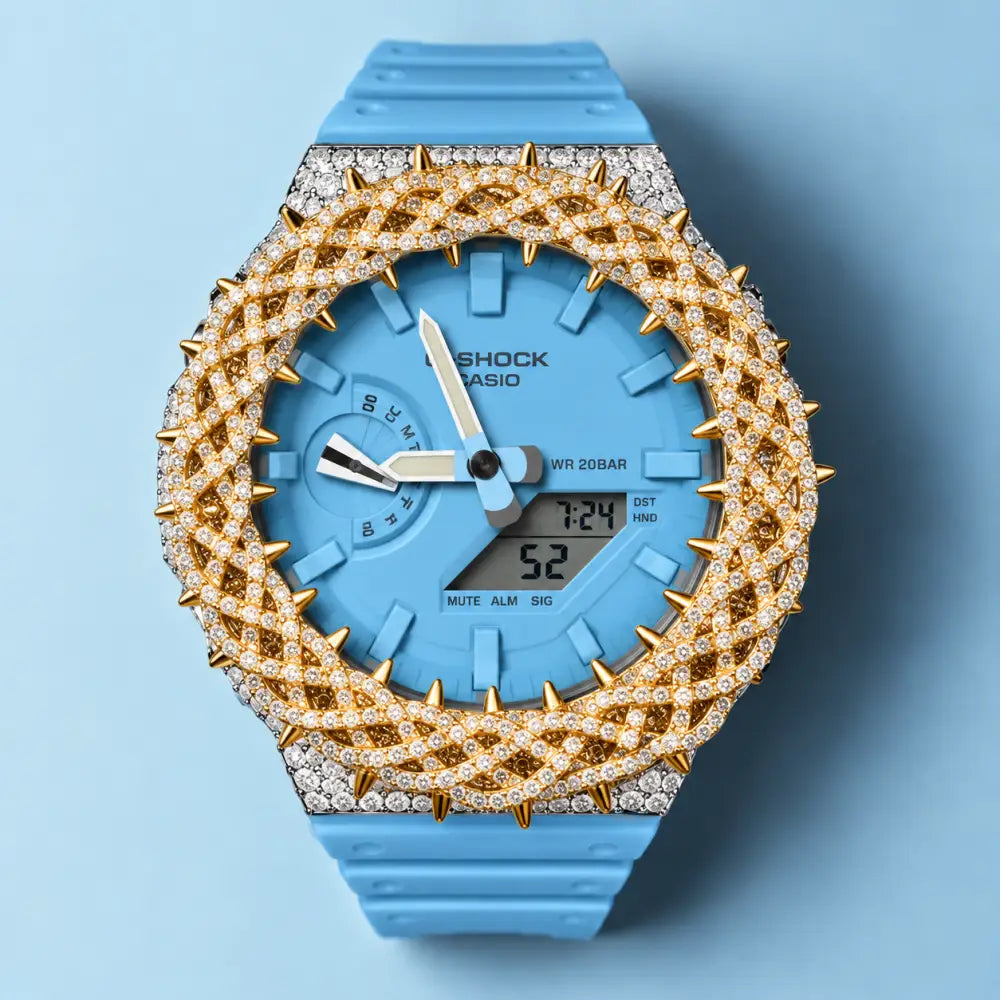 Montre CasiOak Custom Hip Hop – Moissanite 925 Silver and Gold Iced Thorn Blue - Mod G-Shock GA2100