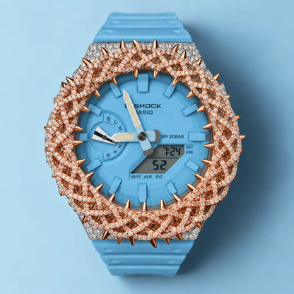 Montre CasiOak Custom Hip Hop – Moissanite 925 Silver and Rose Gold Iced Thorn Blue - Mod G-Shock GA2100