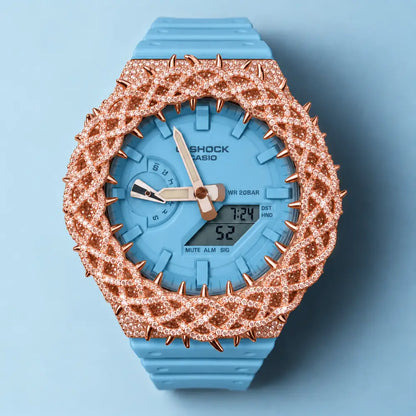 Montre CasiOak Custom Hip Hop – Moissanite 925 Full Rose Gold Iced Thorn Blue - Mod G-Shock GA2100