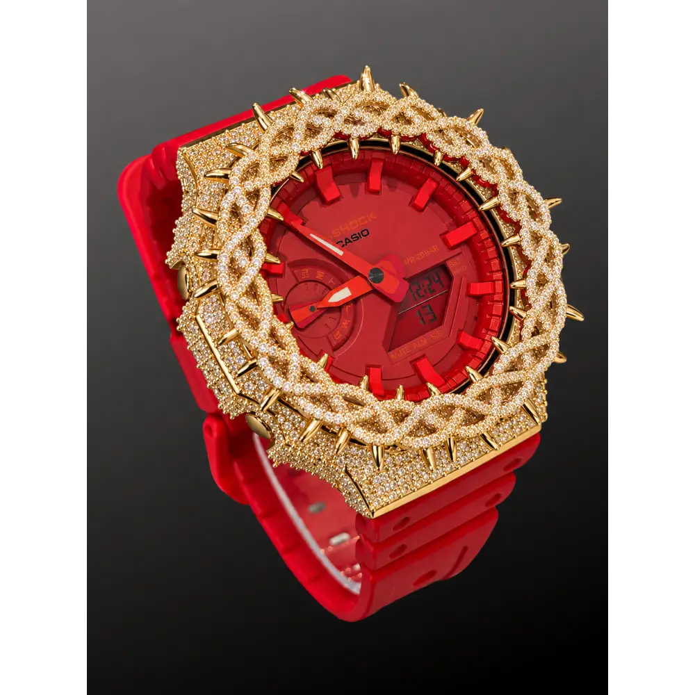 Montre CasiOak Custom Hip Hop – Moissanite 925 Gold Iced Thorn Red - Mod G-Shock GA2100