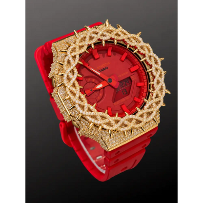 Montre CasiOak Custom Hip Hop – Moissanite 925 Gold Iced Thorn Red - Mod G-Shock GA2100