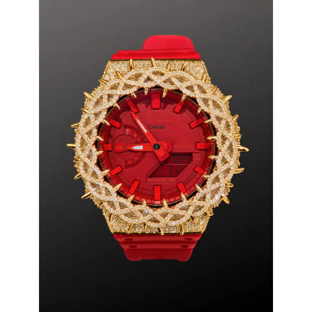 Montre CasiOak Custom Hip Hop – Moissanite 925 Gold Iced Thorn Red - Mod G-Shock GA2100