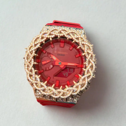 Montre CasiOak Custom Hip Hop – Moissanite 925 Rose Gold Iced Thorn Red - Mod G-Shock GA2100
