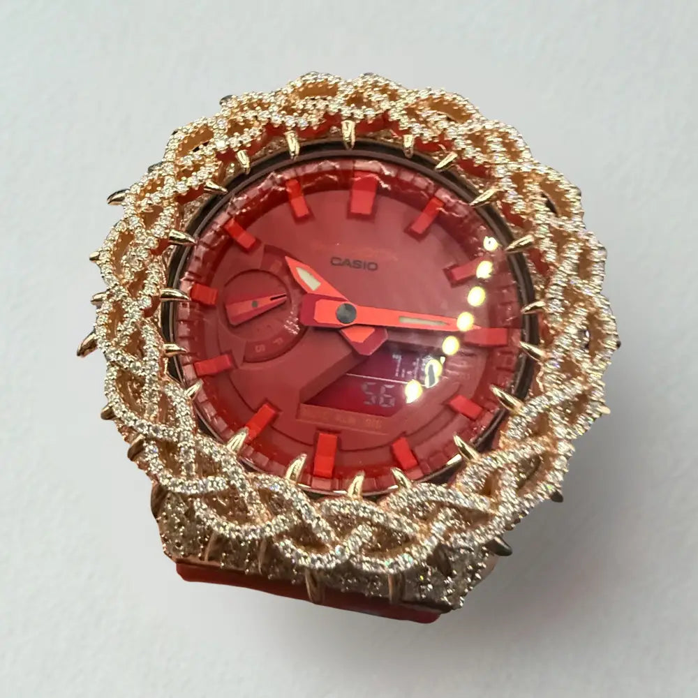 Montre CasiOak Custom Hip Hop – Moissanite 925 Rose Gold Iced Thorn Red - Mod G-Shock GA2100