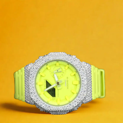 Montre CasiOak Custom Hip Hop – Moissanite 925 Silver Iced Fluo Yellow Dial - Mod G-Shock GA2100