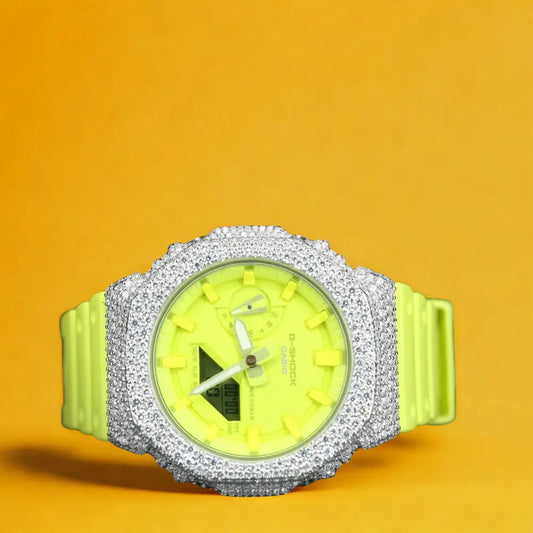 Montre CasiOak Custom Hip Hop – Moissanite 925 Silver Iced Fluo Yellow Dial - Mod G-Shock GA2100