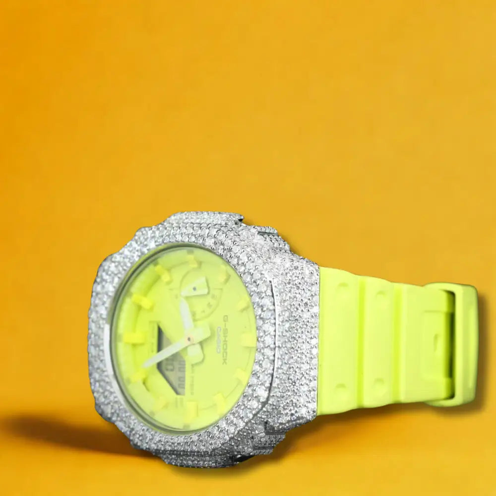 Montre CasiOak Custom Hip Hop – Moissanite 925 Silver Iced Fluo Yellow Dial - Mod G-Shock GA2100