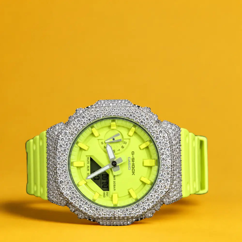 Montre CasiOak Custom Hip Hop – Moissanite 925 Silver Iced Fluo Yellow Dial - Mod G-Shock GA2100
