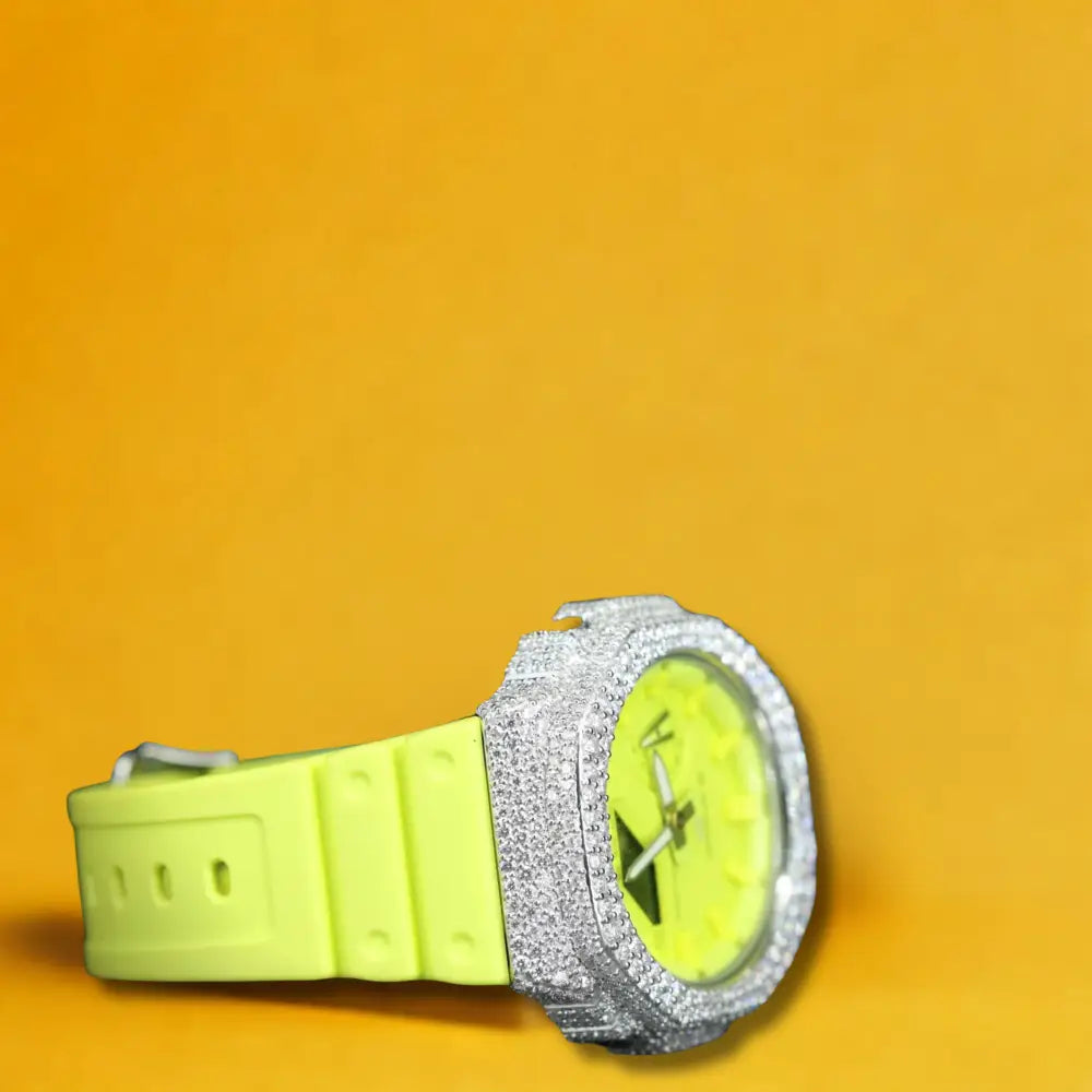 Montre CasiOak Custom Hip Hop – Moissanite 925 Silver Iced Fluo Yellow Dial - Mod G-Shock GA2100