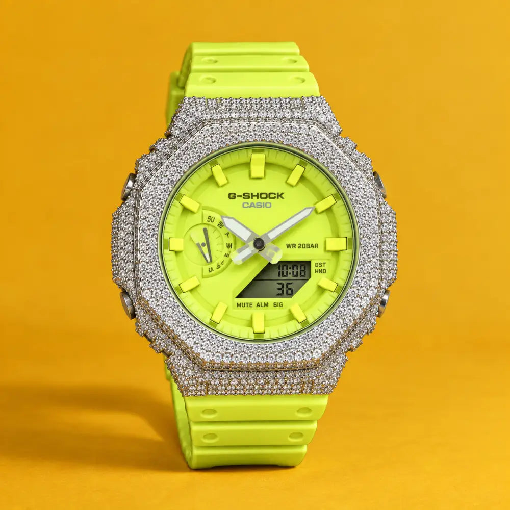 Montre CasiOak Custom Hip Hop – Moissanite 925 Silver Iced Fluo Yellow Dial - Mod G-Shock GA2100