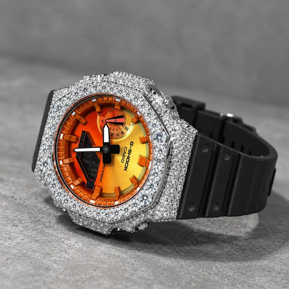 CasiOak Custom Hip Hop Watch - Moissanite 925 Silver Iced Orange Dial - G-Shock GA2100 Mod