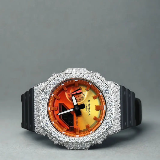 Montre CasiOak Custom Hip Hop – Moissanite 925 Silver Iced Orange Dial - Mod G-Shock GA2100