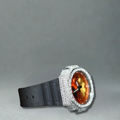 Montre CasiOak Custom Hip Hop – Moissanite 925 Silver Iced Orange Dial - Mod G-Shock GA2100