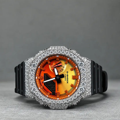 CasiOak Custom Hip Hop Watch - Moissanite 925 Silver Iced Orange Dial - G-Shock GA2100 Mod