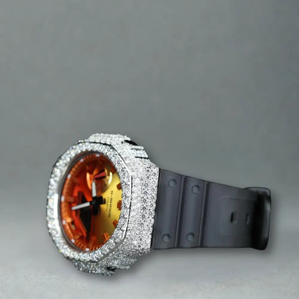 Montre CasiOak Custom Hip Hop – Moissanite 925 Silver Iced Orange Dial - Mod G-Shock GA2100