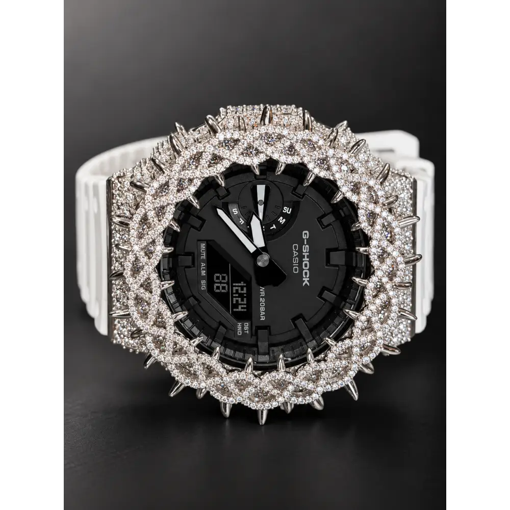 Moissanite Iced-Out G Shock GA-2100 – 925 Silver Bezel Thorn – Custom Luxury Watch | Hip Hop Style | Diamond Tester Pass
