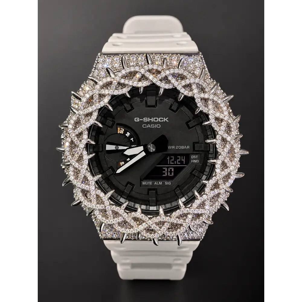 Moissanite Iced-Out G Shock GA-2100 – 925 Silver Bezel Thorn – Custom Luxury Watch | Hip Hop Style | Diamond Tester Pass