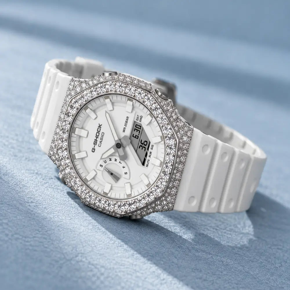 Montre CasiOak Custom Hip Hop – Moissanite 925 Silver Iced White Dial - Mod G-Shock GA2100