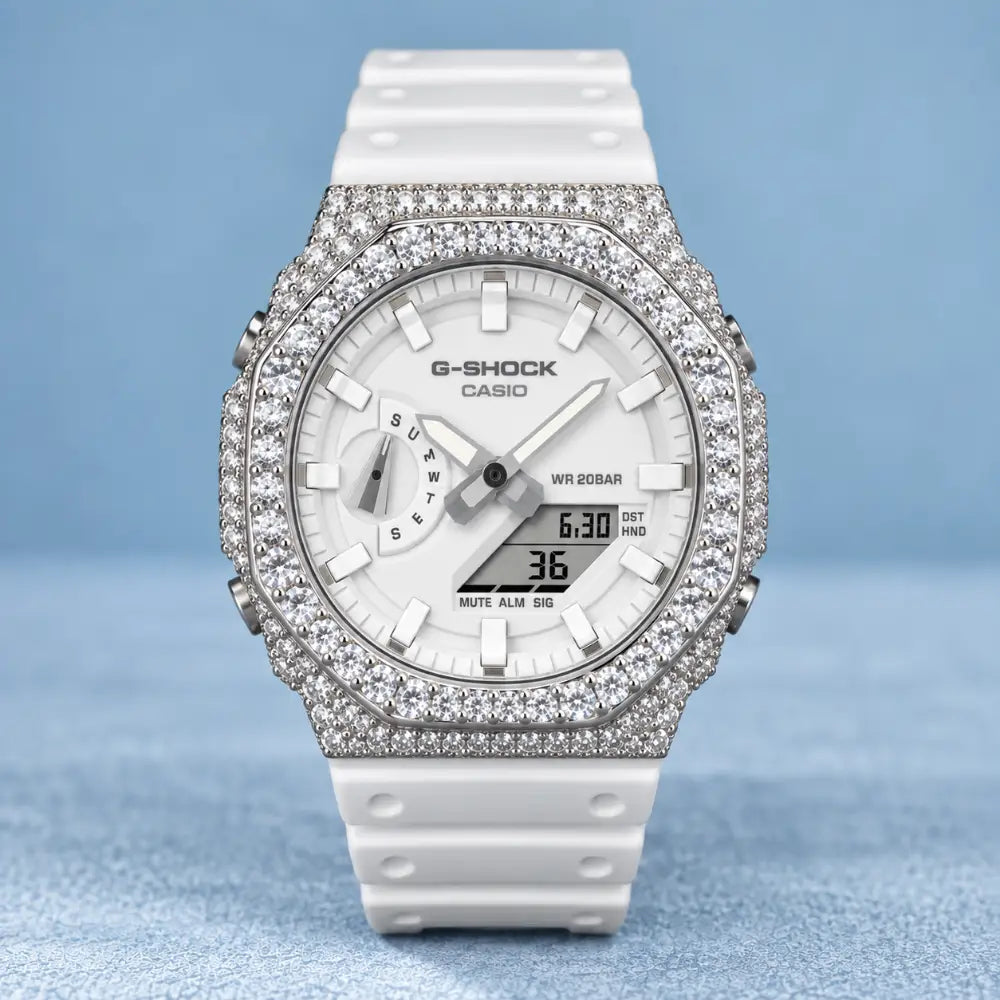 Montre CasiOak Custom Hip Hop – Moissanite 925 Silver Iced White Dial - Mod G-Shock GA2100