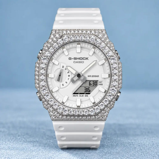 Montre CasiOak Custom Hip Hop – Moissanite 925 Silver Iced White Dial - Mod G-Shock GA2100