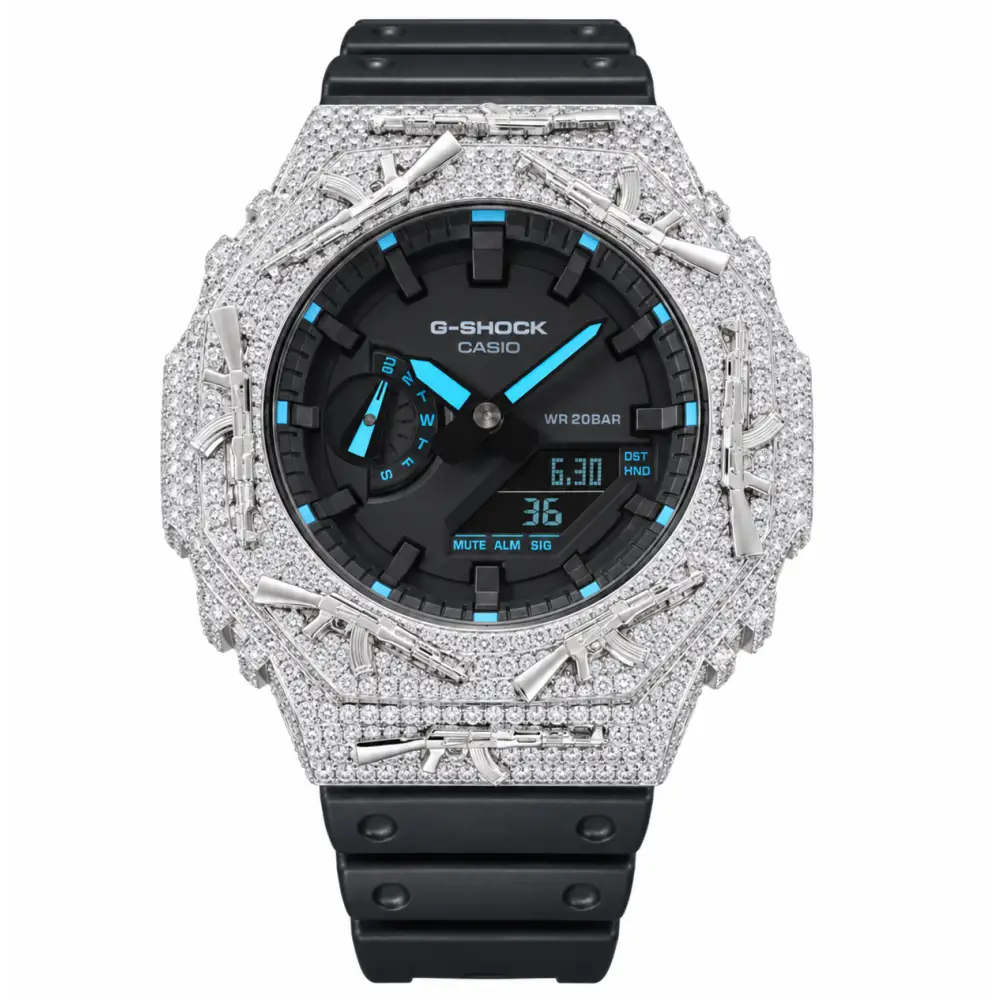 Montre G-Shock Custom Hip Hop – Moissanite AK Gun Blue Silver Iced Out - Luxury Mod GA2100 - Bleu / Full Silver