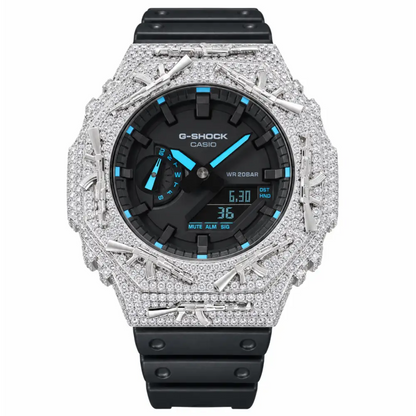 Montre G-Shock Custom Hip Hop – Moissanite AK Gun Blue Silver Iced Out - Luxury Mod GA2100 - Bleu / Full Silver