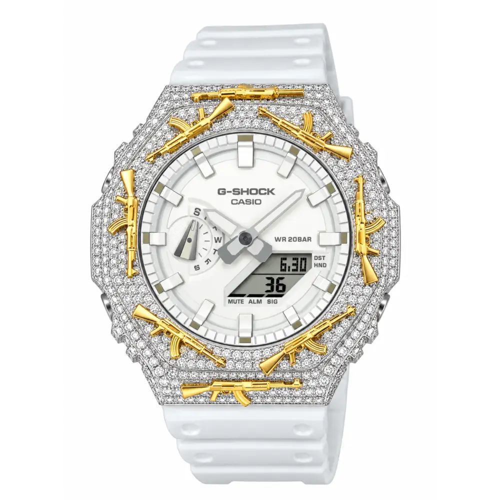 Montre G-Shock Custom Hip Hop – Moissanite AK Gun Silver Gold Iced Out - Luxury Mod GA2100 - Blanc / Full Silver