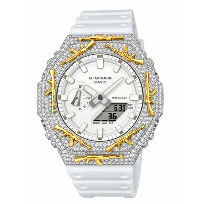 Montre G-Shock Custom Hip Hop – Moissanite AK Gun Silver Gold Iced Out - Luxury Mod GA2100 - Blanc / Full Silver