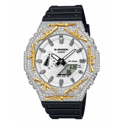 Montre G-Shock Custom Hip Hop – Moissanite AK Gun Silver Gold Iced Out - Luxury Mod GA2100 - Blanc/Argent / Full Silver