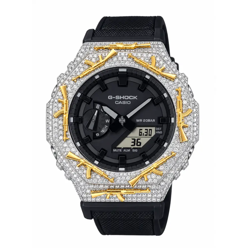 Montre G-Shock Custom Hip Hop – Moissanite AK Gun Silver Gold Iced Out - Luxury Mod GA2100 - Noir / Full Silver