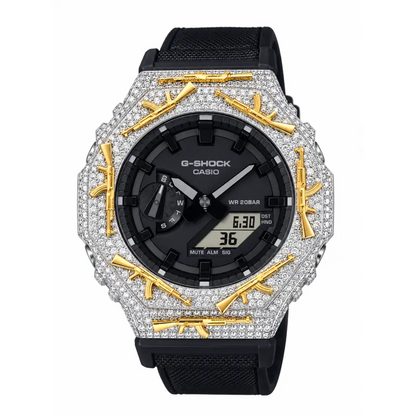 Montre G-Shock Custom Hip Hop – Moissanite AK Gun Silver Gold Iced Out - Luxury Mod GA2100 - Noir / Full Silver