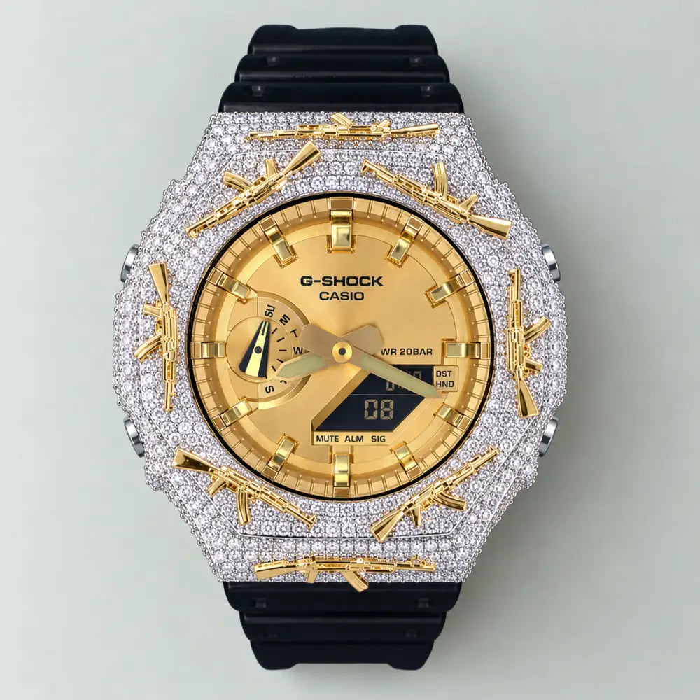 Montre G-Shock Custom Hip Hop – Moissanite AK Gun Silver Gold Iced Out - Luxury Mod GA2100 - Or / Full Silver