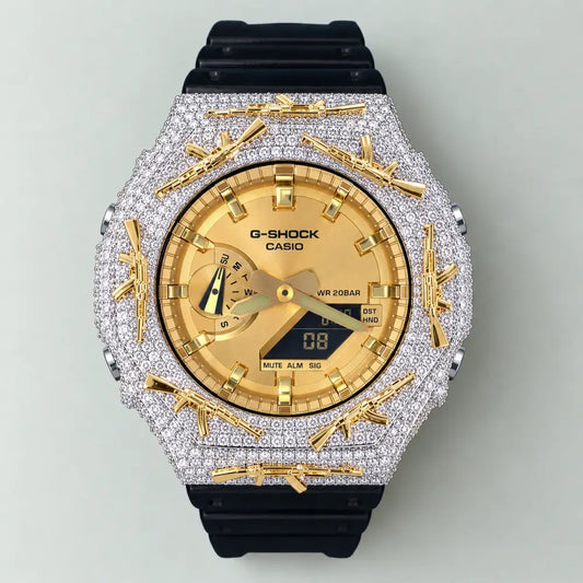 Montre G-Shock Custom Hip Hop – Moissanite AK Gun Silver Gold Iced Out - Luxury Mod GA2100 - Or / Full Silver