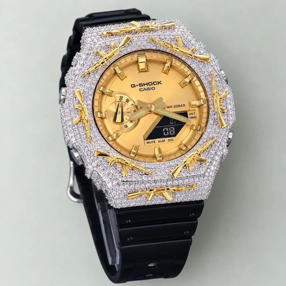 Montre G-Shock Custom Hip Hop – Moissanite AK Gun Silver Gold Iced Out - Luxury Mod GA2100
