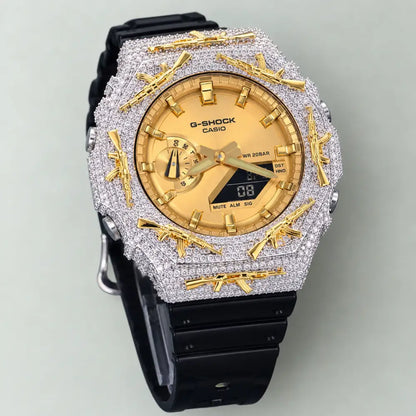 Montre G-Shock Custom Hip Hop – Moissanite AK Gun Silver Gold Iced Out - Luxury Mod GA2100