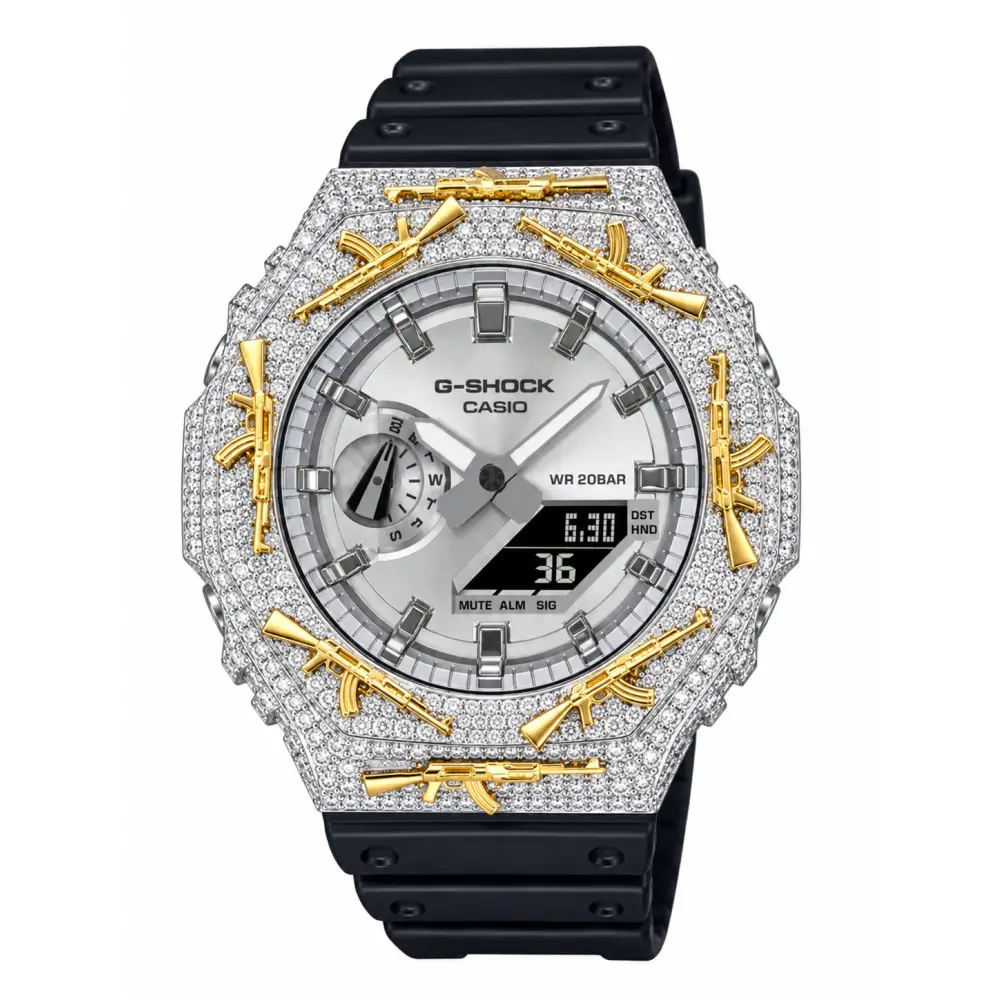 Montre G-Shock Custom Hip Hop – Moissanite AK Gun Silver Gold Iced Out - Luxury Mod GA2100 - Argent / Full Silver
