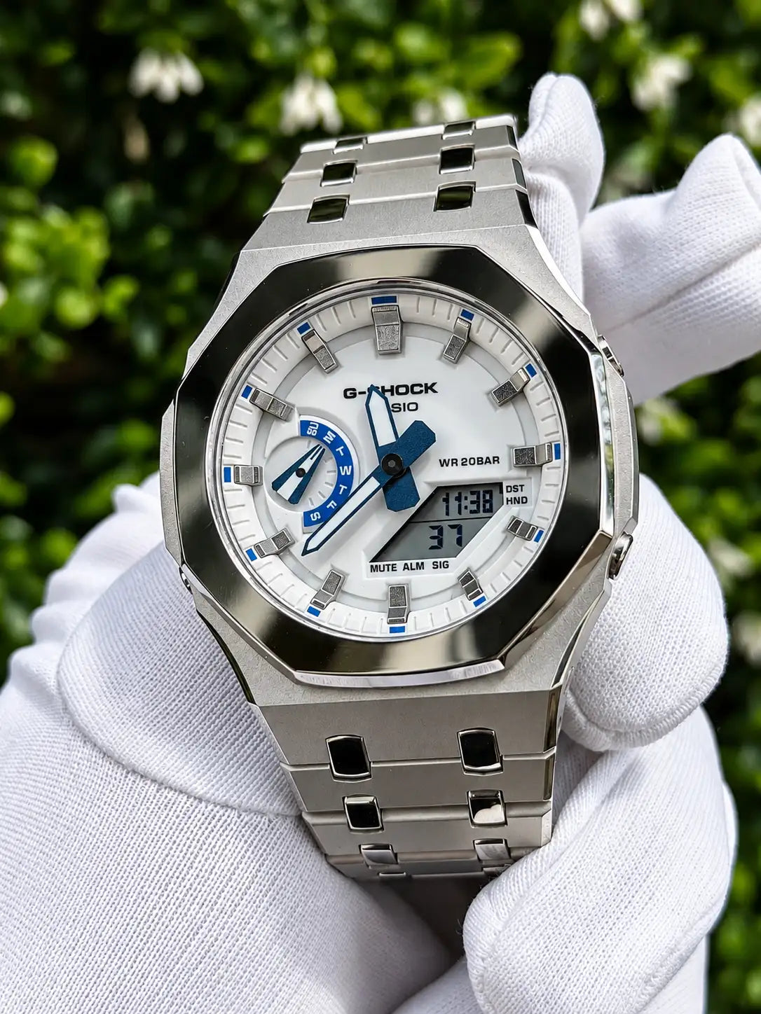 Montre CasiOak Custom – Silver White Blue Mirror Polish - Mod G-Shock GA2100 